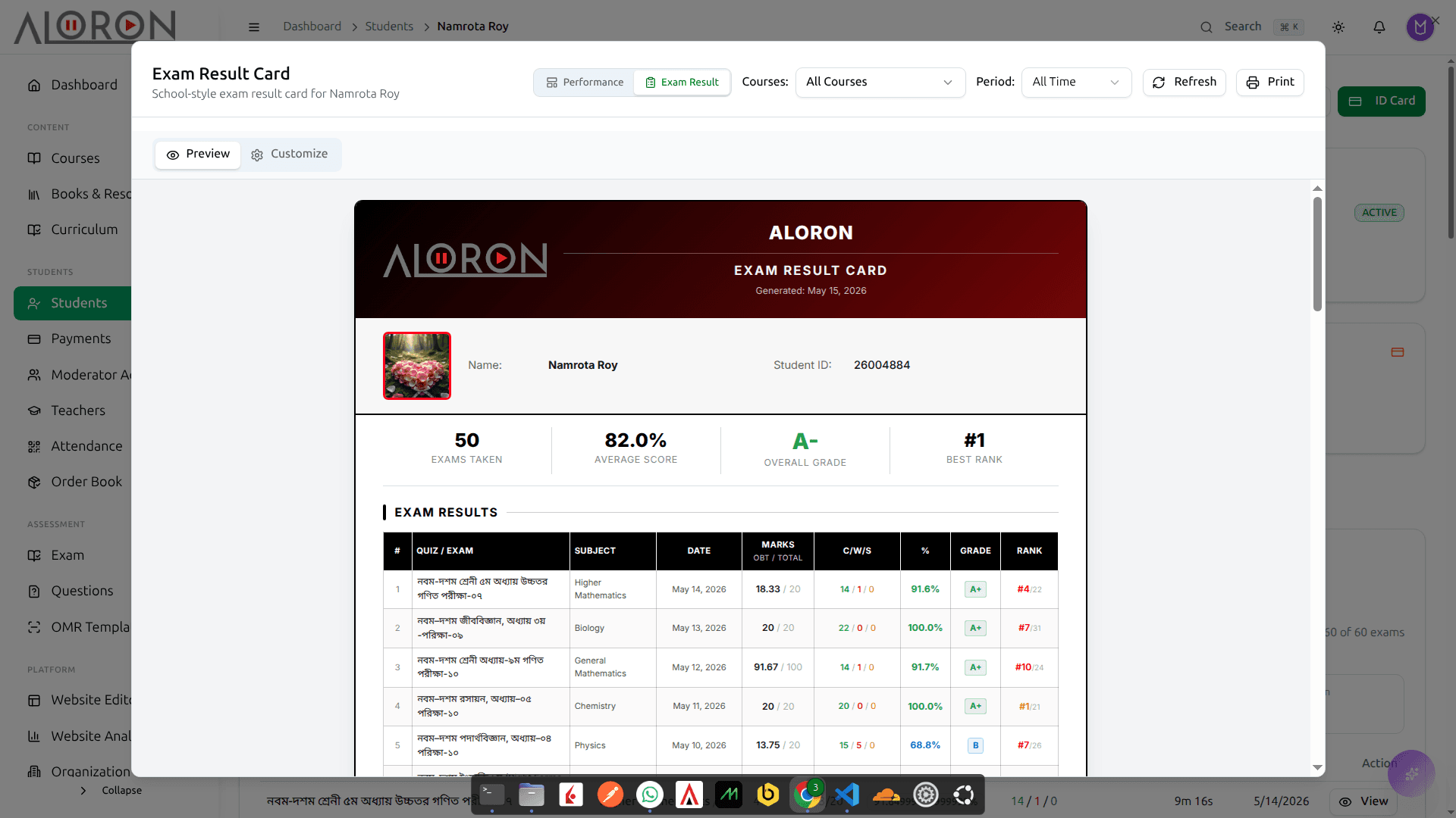 Result card